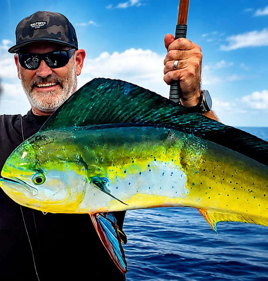 Scott holding a dorado offshore aboard GrayLight